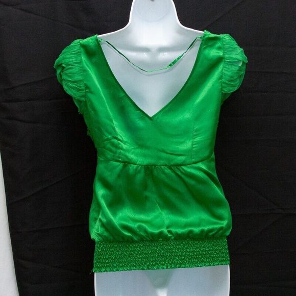 Bebe Vintage Y2K Trendy Green Satin V Neck Short Sleeve Top XS Elastic Waist - Picture 6 of 6